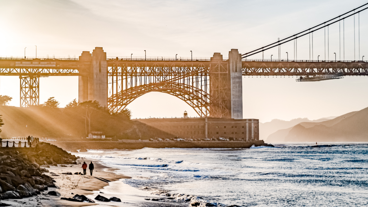 View of the Golden Gate Bridge from along the beach