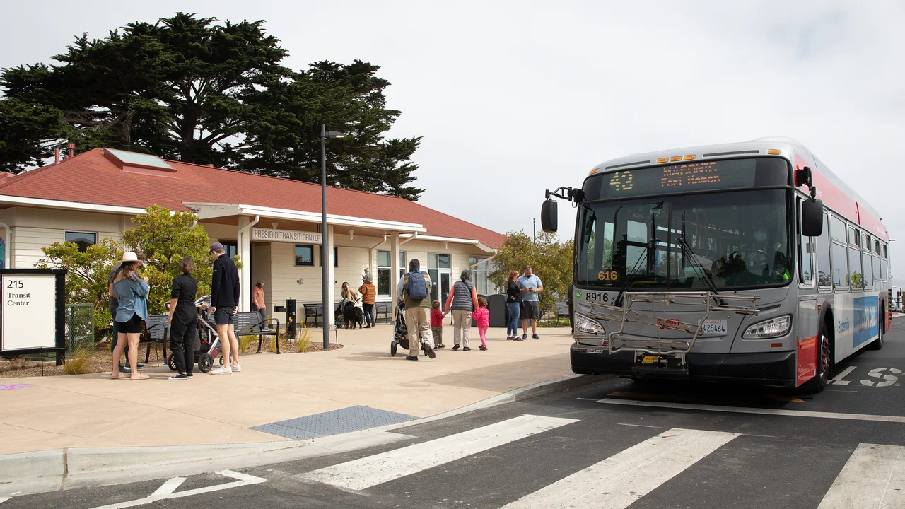 MUNI 43 arrives at the Presidio Transit Center
