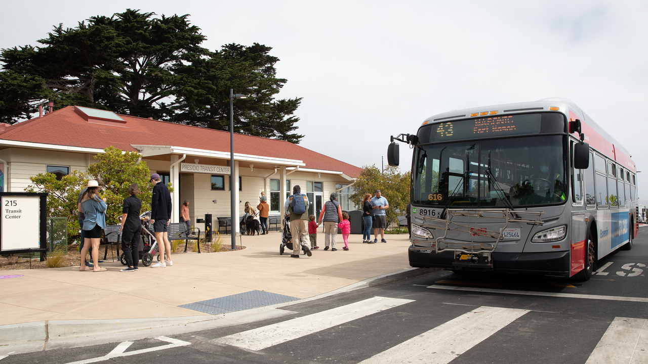 MUNI 43 arrives at the Presidio Transit Center