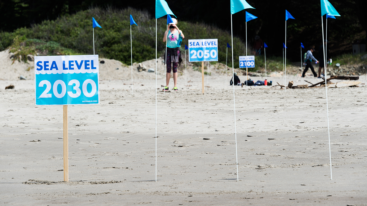 Sea level rise signs on Stinson Beach