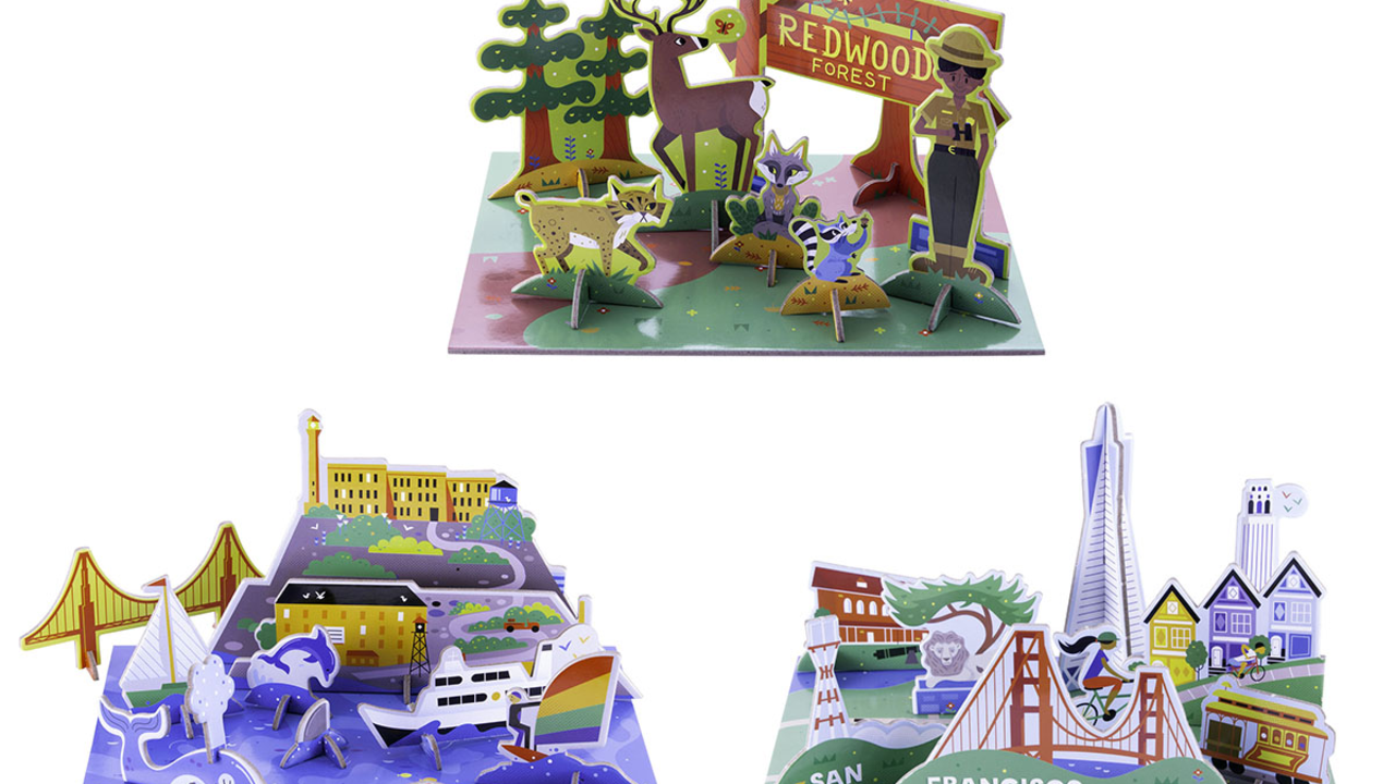 Pop-Out and Play sets featuring a redwood forest and San Francisco landmarks. Pop-Out and Play sets featuring a redwood forest and San Francisco landmarks.