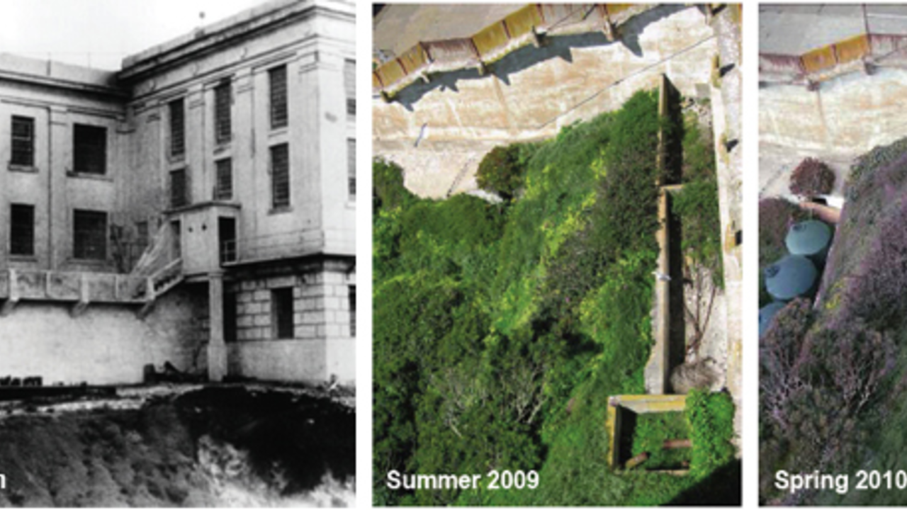 History of the rainwater catchment system at Alcatraz Historic Gardens Historic and modern photo comparisons of the Alcatraz Historic Gardens rainwater catchment system