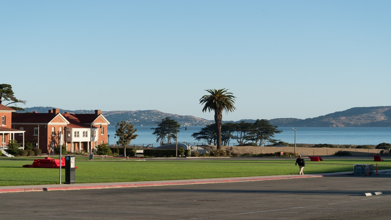 Image of the Presidio Main Post Parade Ground with the Bay in the distance