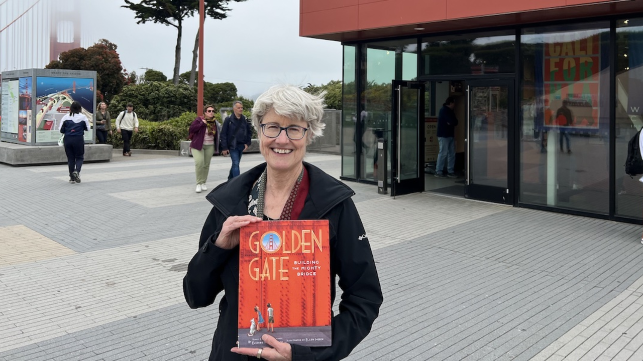 IMG_2533_2x1.jpg Photo of author Elizabeth Partridge in front of the Golden Gate Bridge Welcome Center.