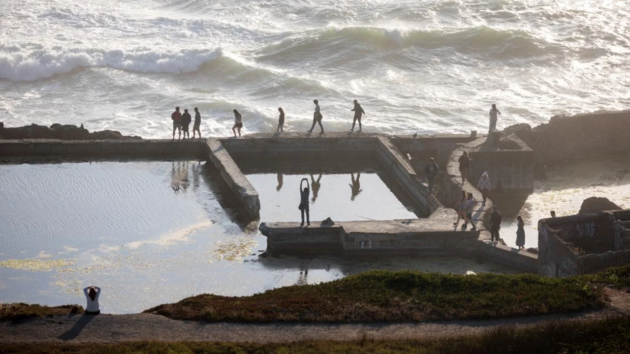 Visitors recreating in the Sutro Bath ruins