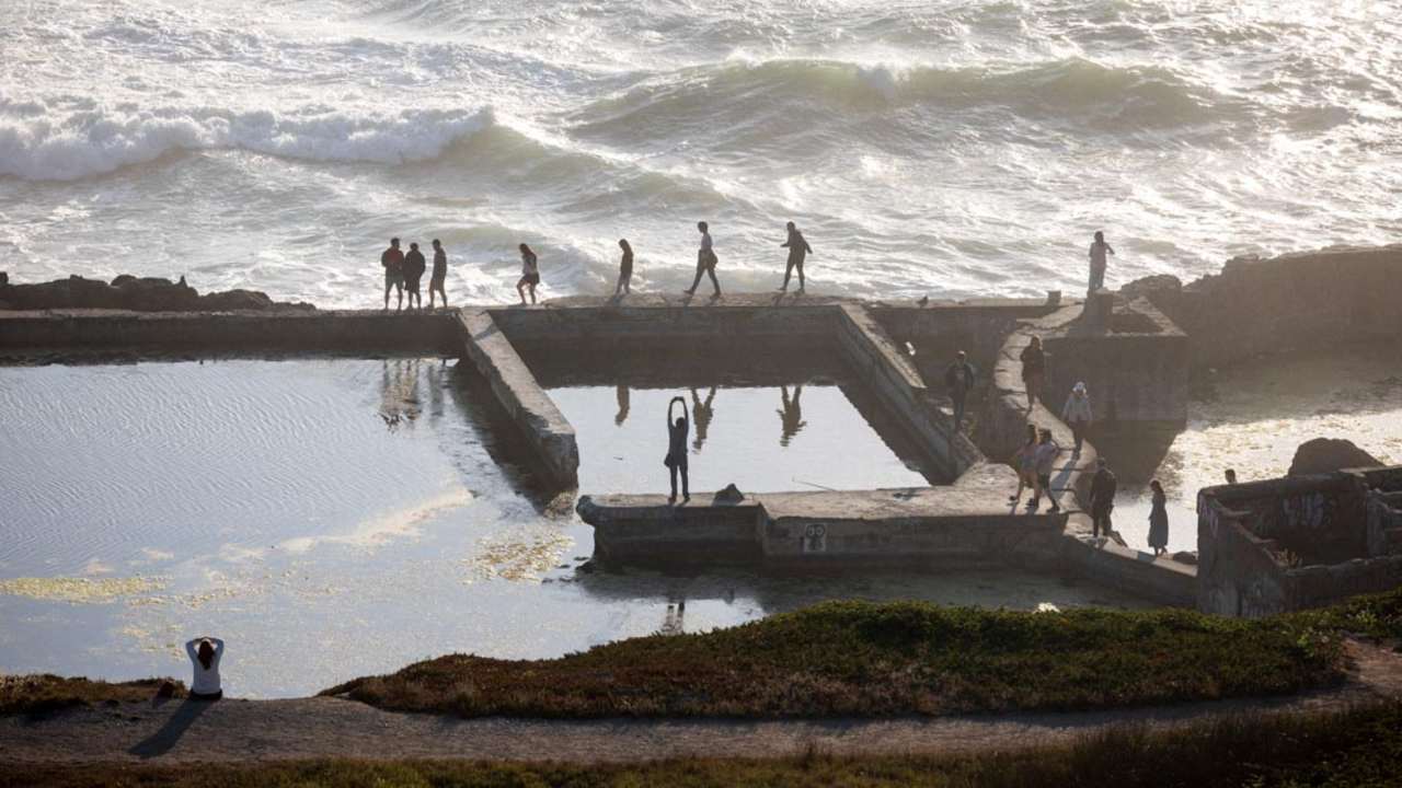 Visitors recreating in the Sutro Bath ruins