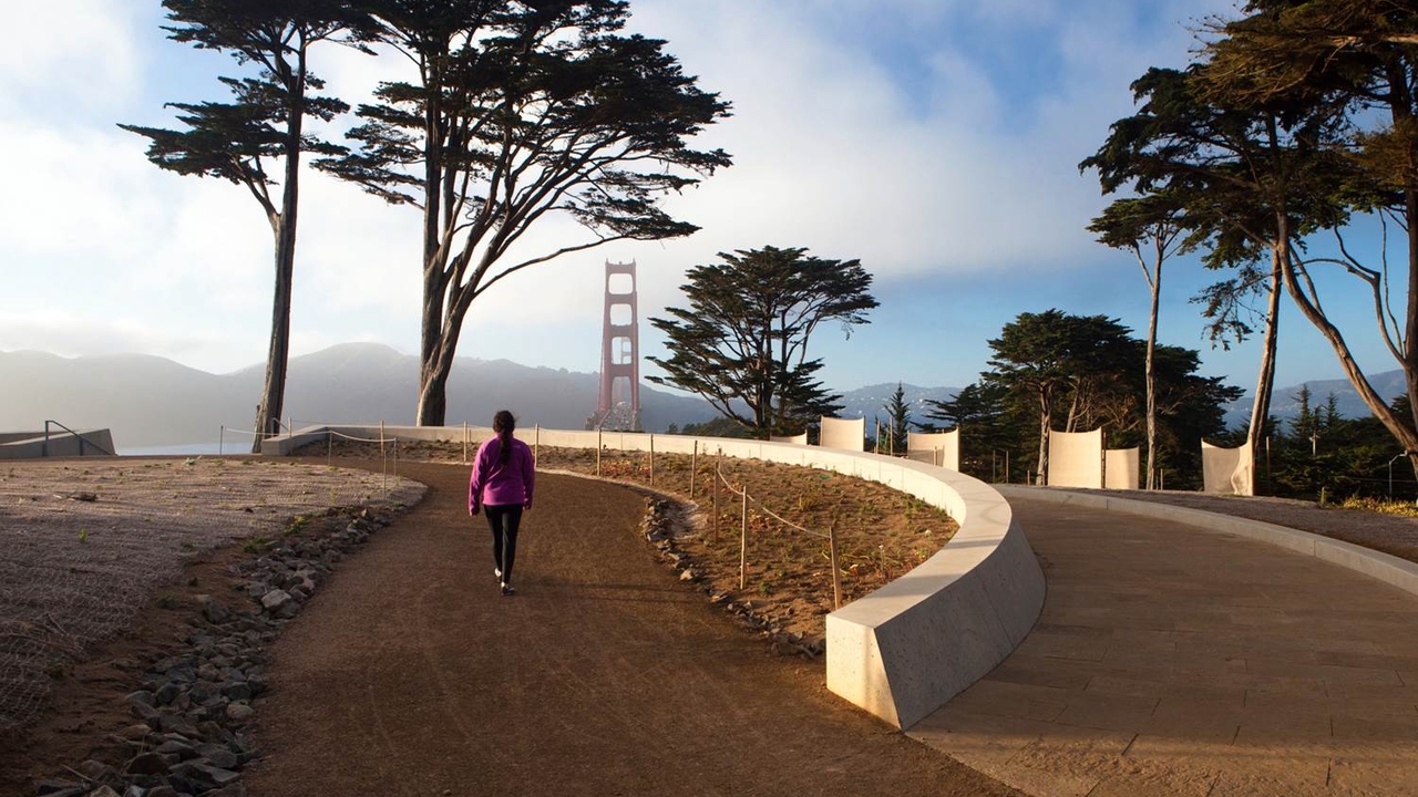 Hiker walking near the Golden Gate Overlook