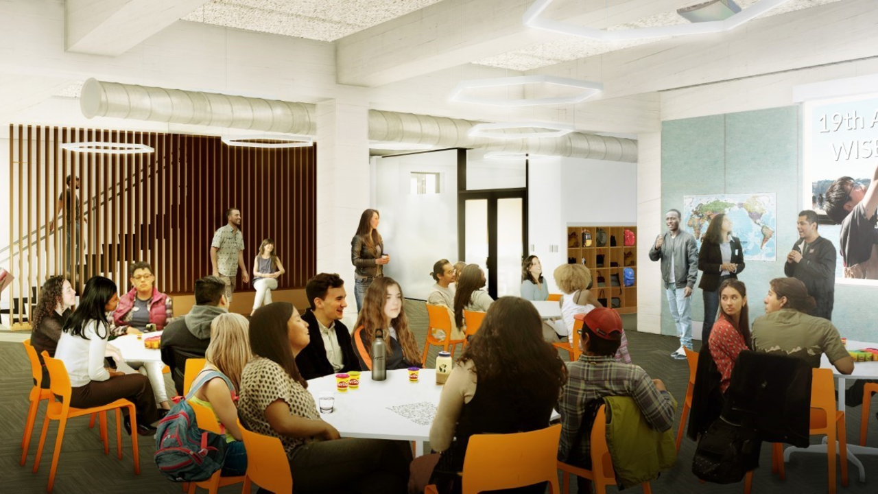 Rendering of the renovated Crissy Field Center interior youth space at Presidio Tunnel Tops Rendering of the renovated Crissy Field Center interior youth space at Presidio Tunnel Tops