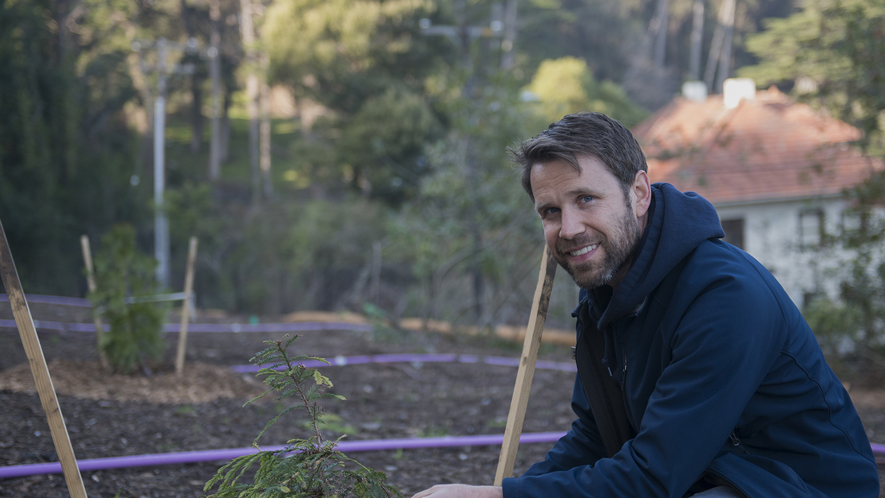 Blake Troxel, Presidio Trust Botanist, kneels by redwood sapling in the Thomas Redwoods grove in the Presidio.