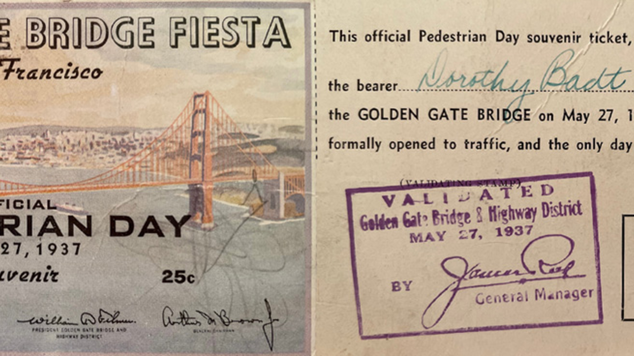 Image of ticket from Golden Gate Bridge opening day in 1937.