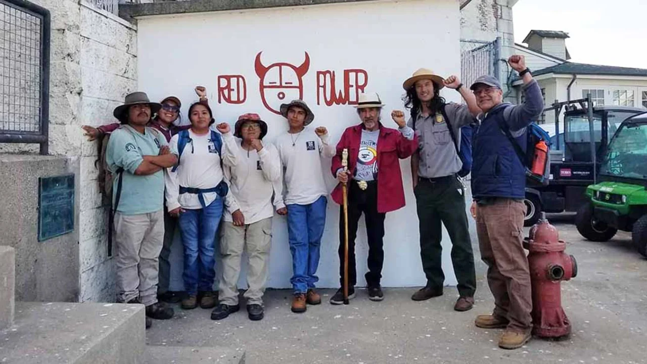 Eloy Martinez, third from right, at an event on Alcatraz.