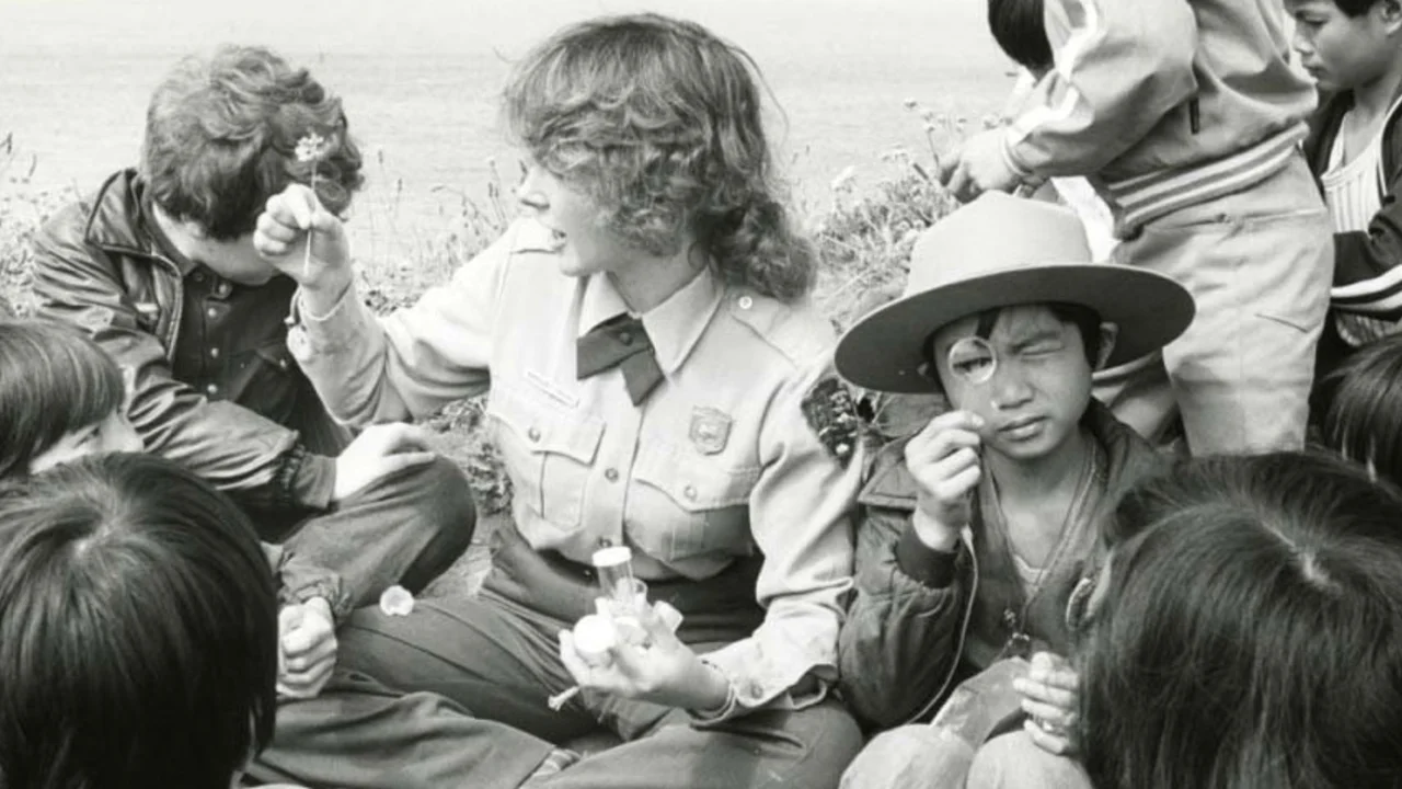 NPS park ranger, children gather and examine flowers in black and white historic photo from 1978.