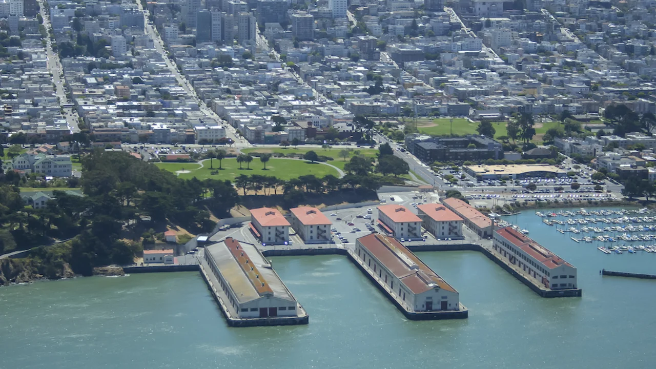 Aerial photo of Fort Mason, the San Francisco Bay, and the city.