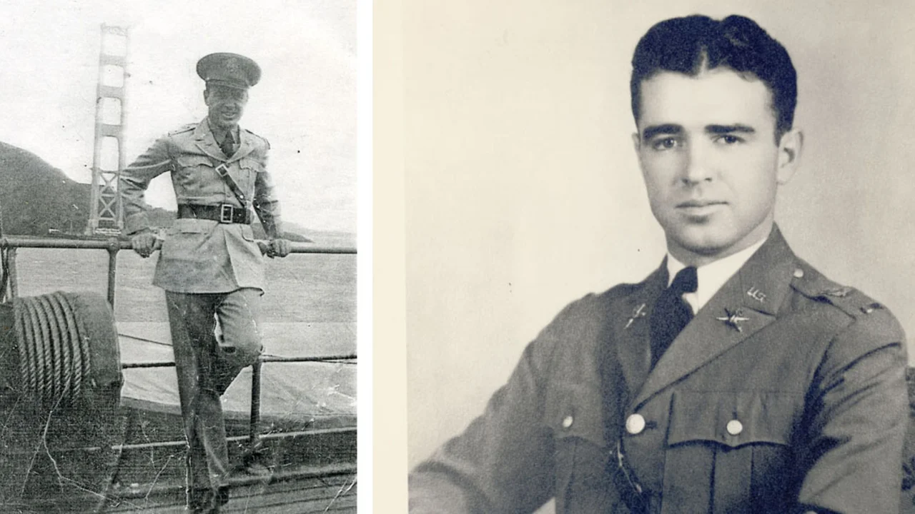 Lt. Col. Lewis Spencer Kirkpatrick standing in front of unfinished Golden Gate Bridge in 1935.
