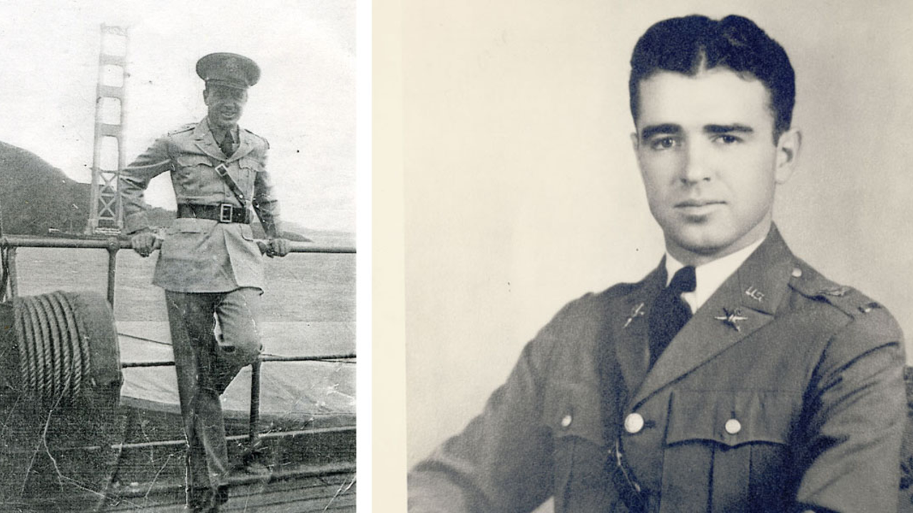 Lt. Col. Lewis Spencer Kirkpatrick standing in front of unfinished Golden Gate Bridge in 1935.