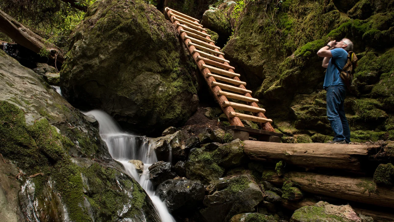 Photographer and Waterfall on Steep Ravine Trail