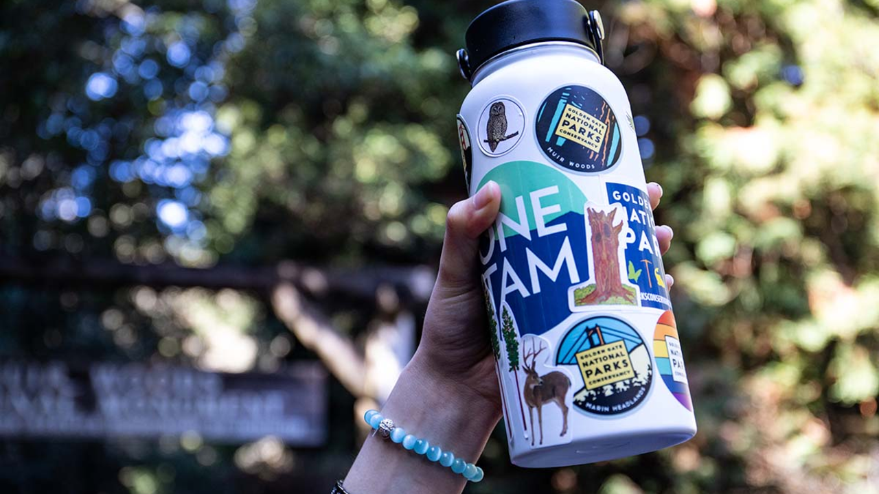 Water bottle covered in park stickers.