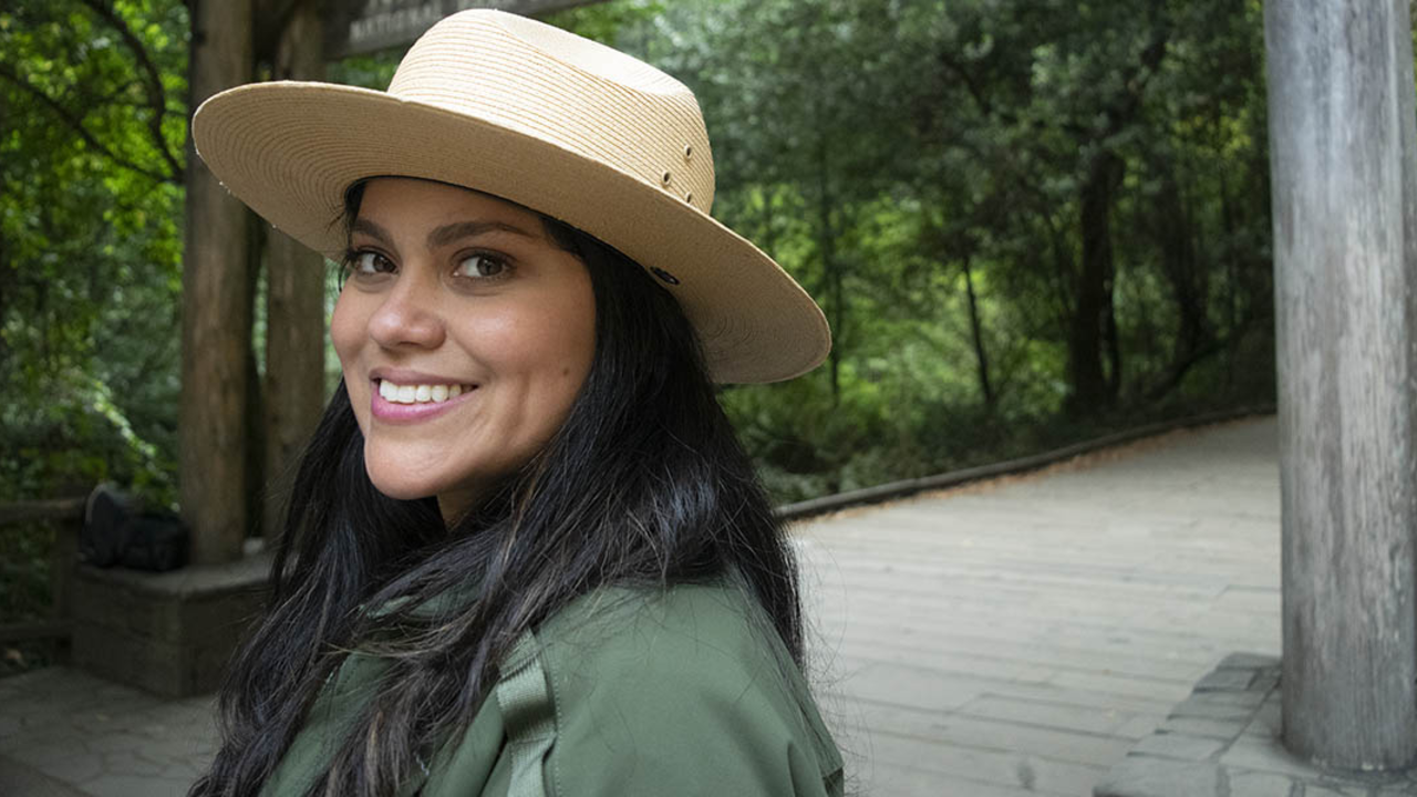 Park Ranger Giessell Aguilar at Muir Woods. Park Ranger Giessell Aguilar at Muir Woods.
