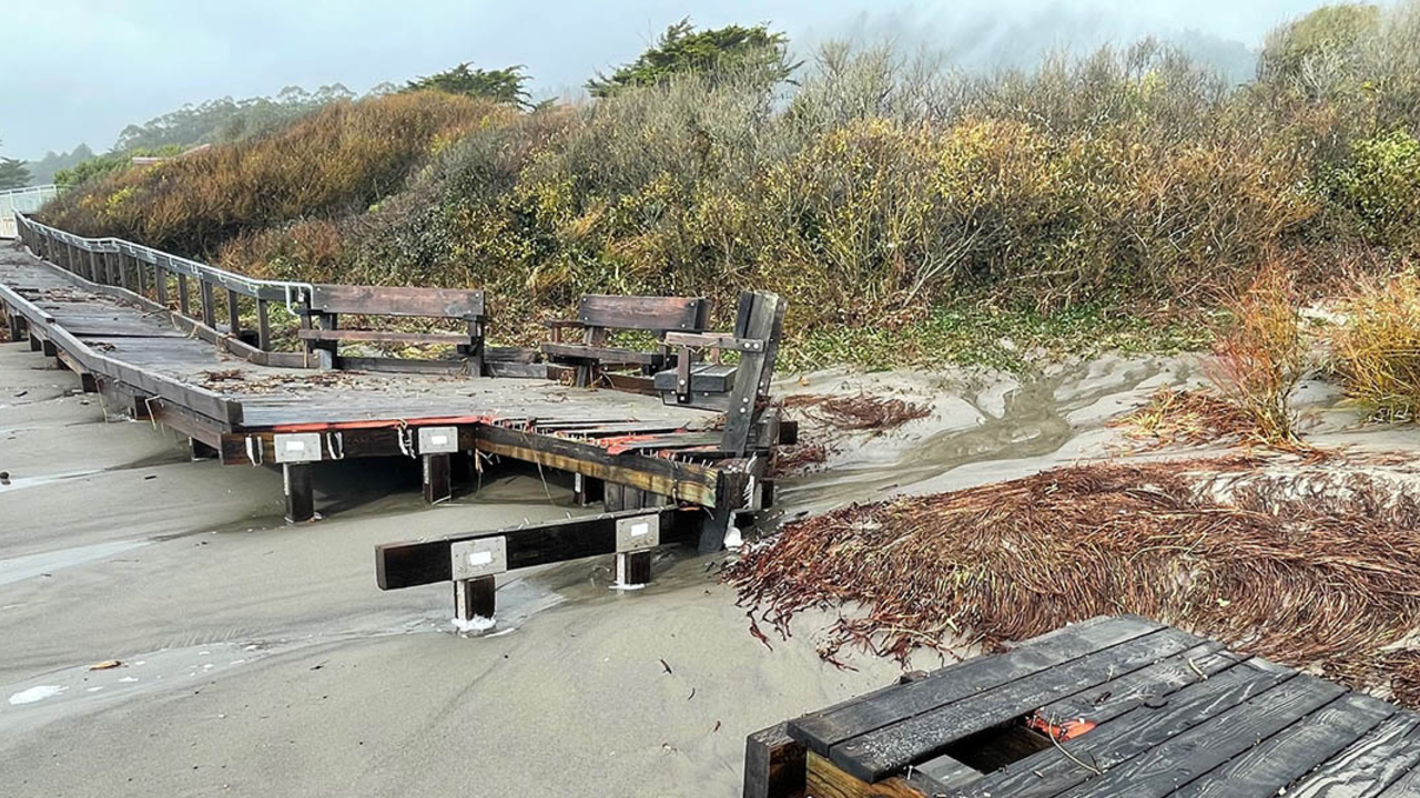 Stinson Beach damage following storms in early 2023. A broken boardwalk is seen at Stinson Beach following storms in early 2023.