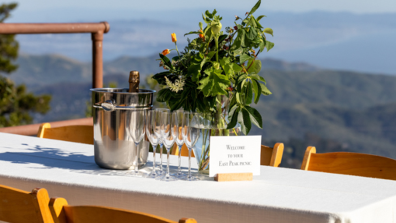 A fancy dining table is set at Mount Tamalpais' East Peak.