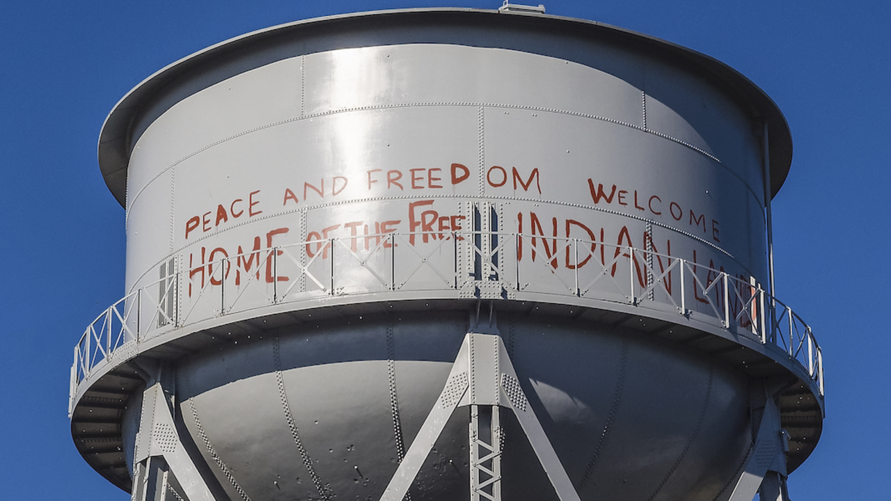 The Alcatraz water tower is a 250,000 gallon elevated steel water tank designed in 1939 by the Chicago Bridge and Iron Works. 
