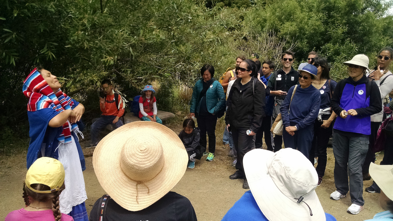 Park Ranger with a shuttle group at El Polin Springs.
