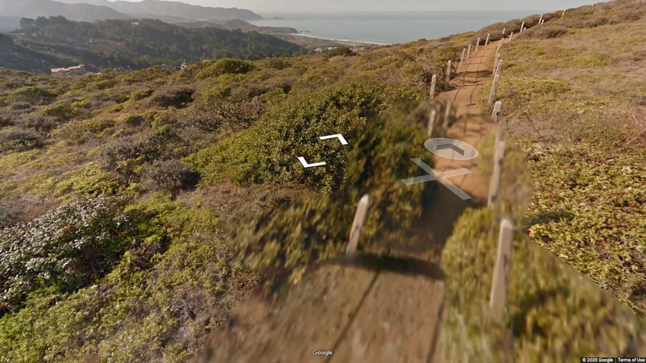 Screenshot of Google Street View on a shrubbed hillside in Milagra Ridge