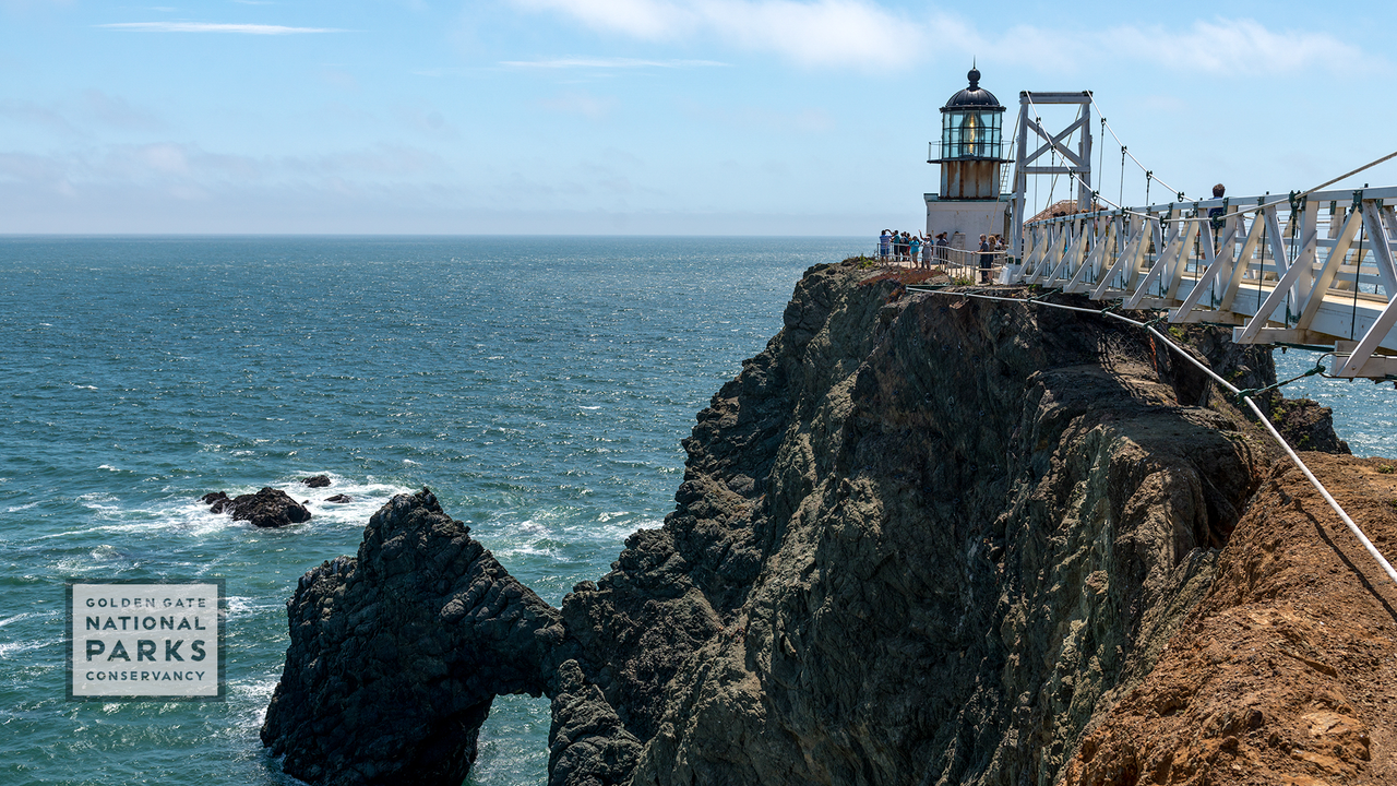 Point Bonita lighthouse, walkway and ocean.