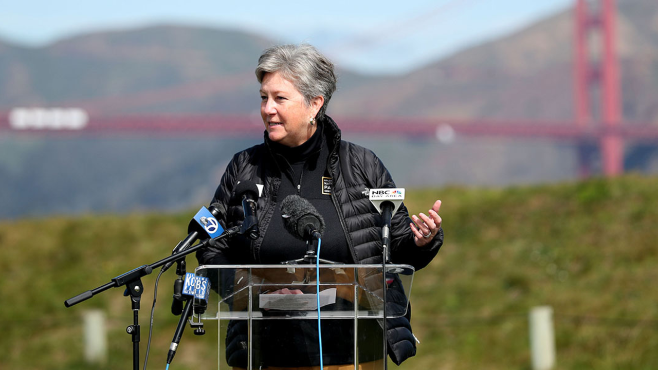 Parks Conservancy President & CEO Christine Lehnertz at a press event on Crissy Field.