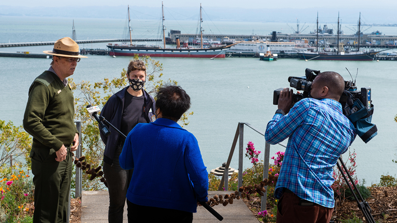Press interview NPS and Parks Conservancy staff at the opening of Black Point historic gardens.