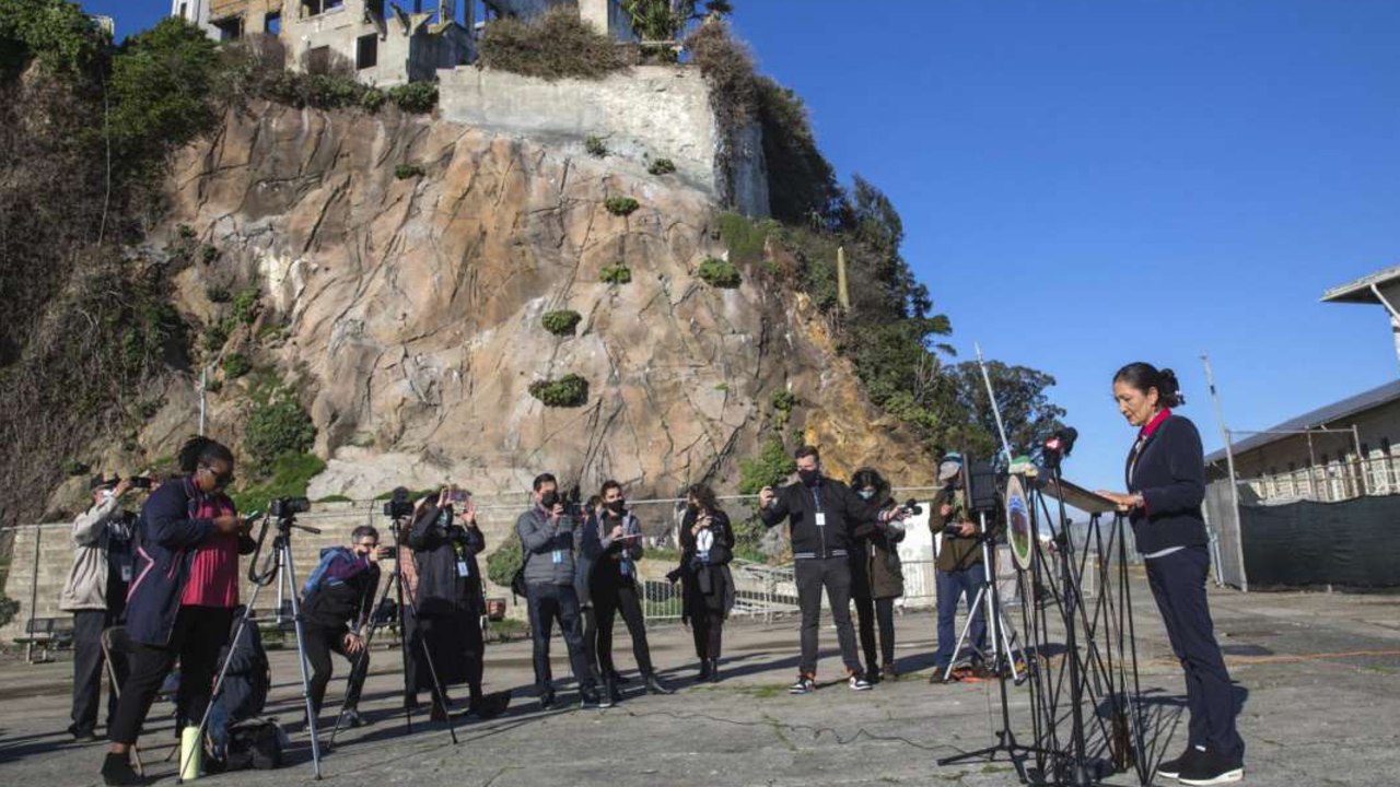 Secretary Haaland addressing the press on Alcatraz Island.