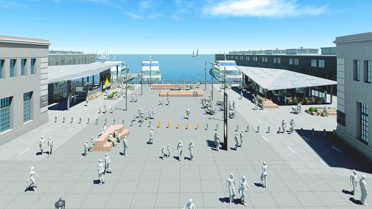 Rendering shows people enjoying the Alcatraz Embarkation Plaza Rendering shows people enjoying the Alcatraz Embarkation Plaza