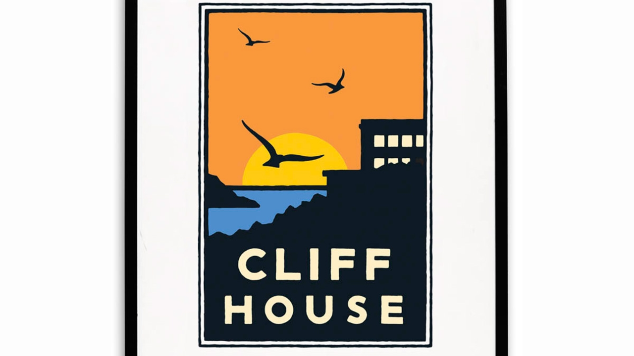 Schwab image of birds flying over the Cliff House at sunset