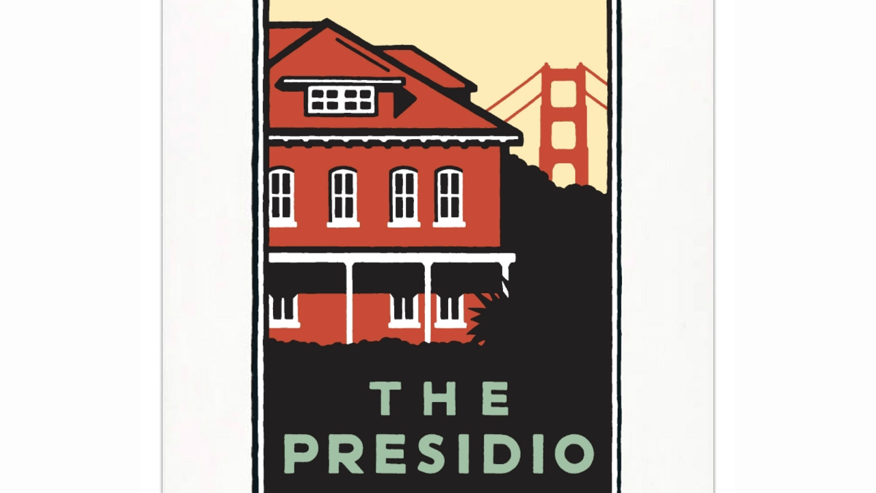 Michael Schwab graphic of the Presidio's Main Post with the Golden Gate Bridge