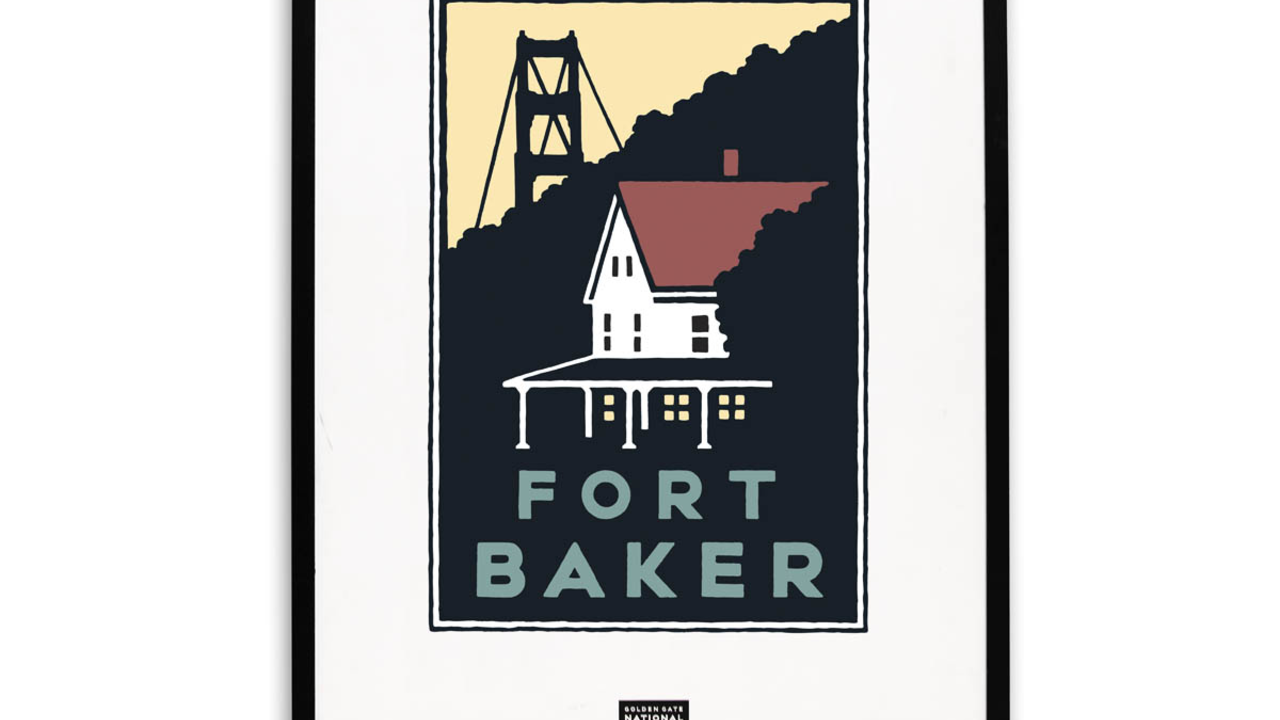 Framed Schwab graphic of Fort Baker overlooking the Golden Gate Bridge