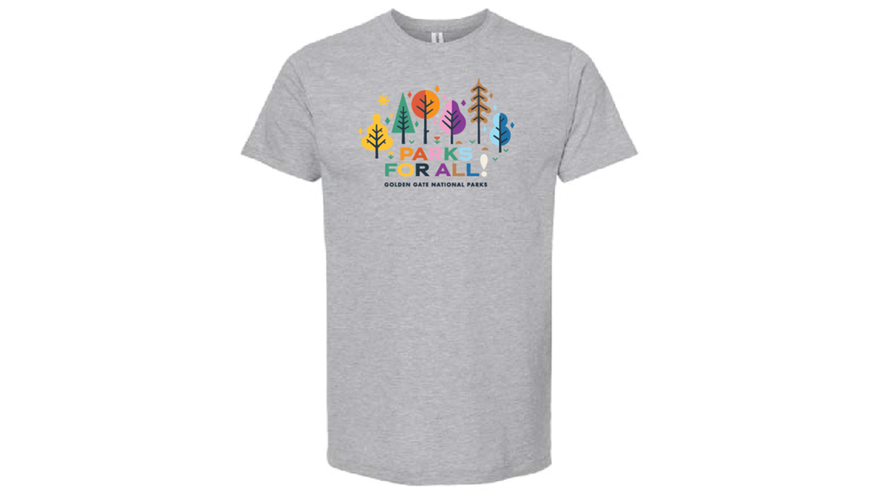 Colorful t-shirt with illustrated tree graphics and PARKS FOR ALL! text.