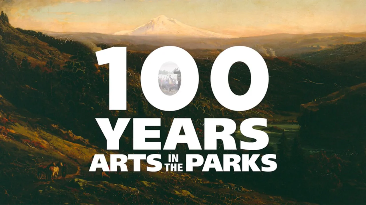 Video screenshot showing a landscape painting overlayed with the series title, "100 Years of Arts in the Parks"