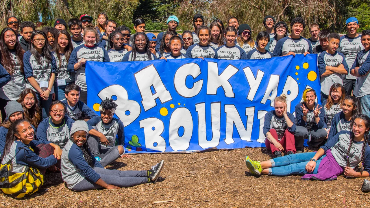 A large group of youth and youth workers gather around a banner reading Backyard Bound