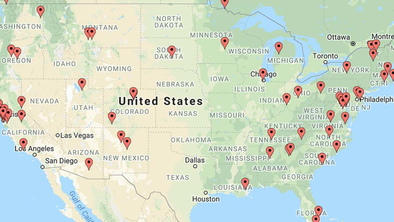 Map of the United States with pins of all the Healthy Parks Healthy People programs across the country.