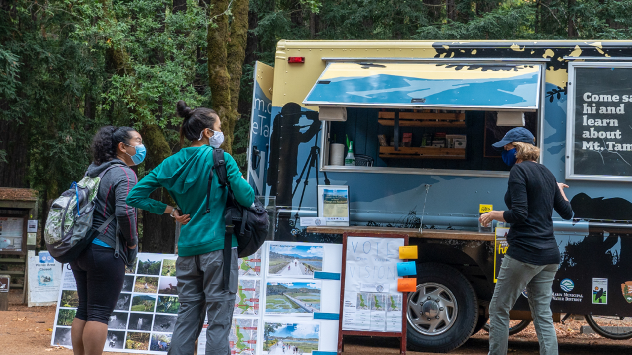 The Roving Ranger at Mount Tamalpais A masked staff member of ONE TAM greets park visitors with the Roving Ranger at Mount Tamalpais.