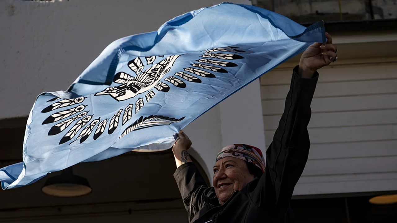woman waves banner