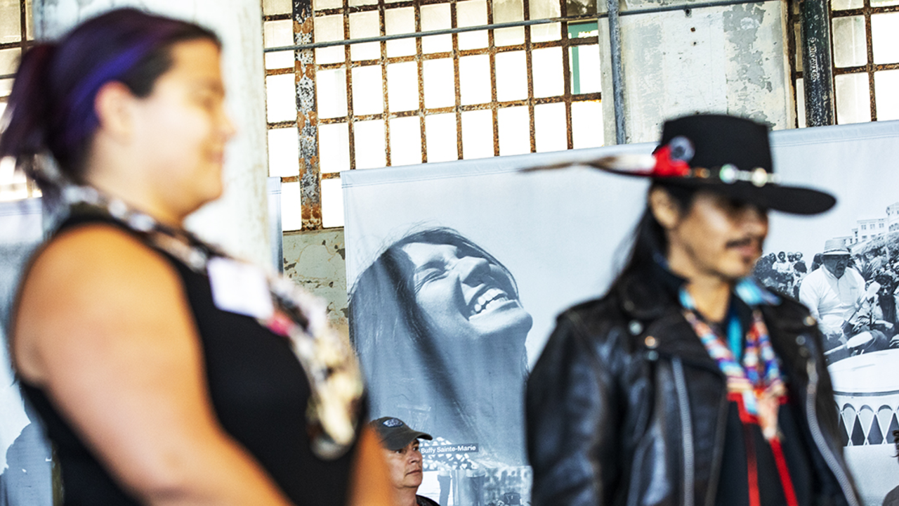 black and white photo behind two people