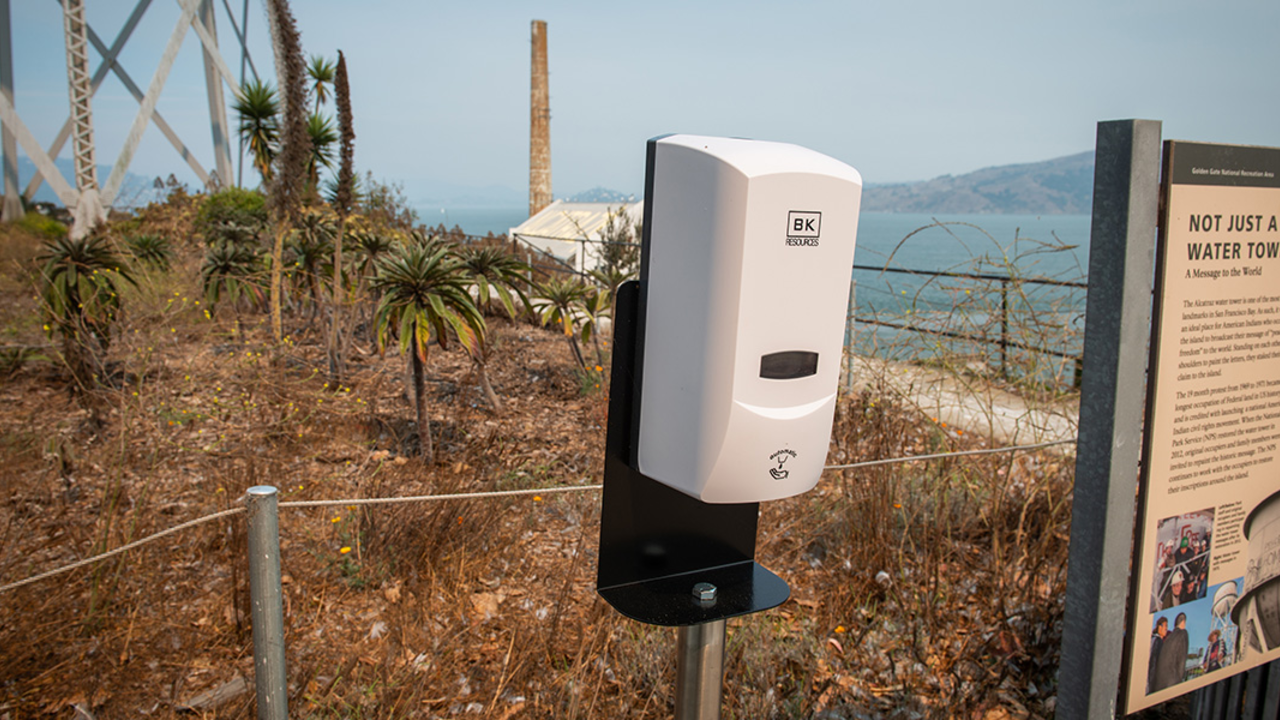 Hand sanitizer stations were in place throughout Alcatraz Island in fall 2020. Hand sanitizer stations were in place throughout Alcatraz Island in fall 2020.