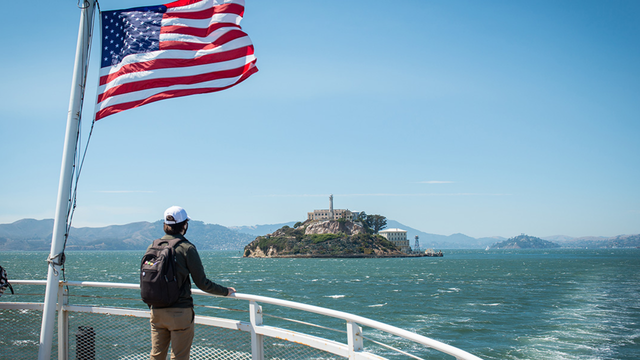 The view from the Alcatraz Cruises boat to Alcatraz Island.