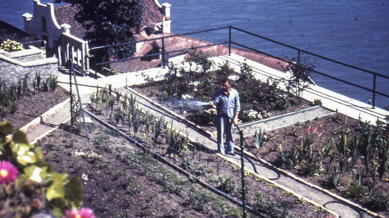 A historical photo of an incarcerated gardener watering plants in the gardens of Alcatraz. 