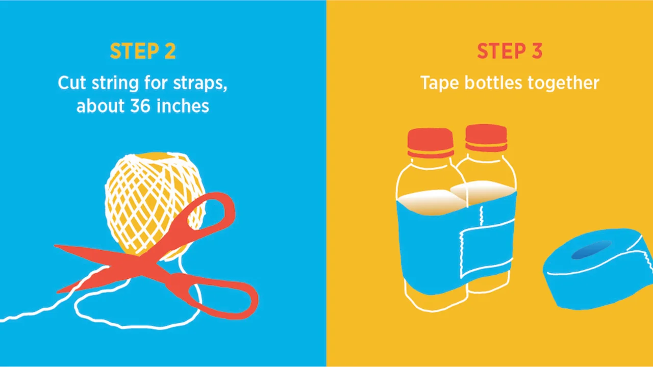 Step 2: Cut a piece of string about 36 inches long and tie knots near each end. Step 3: Use duct tape to connect your bottles so that they won't shift during use. 