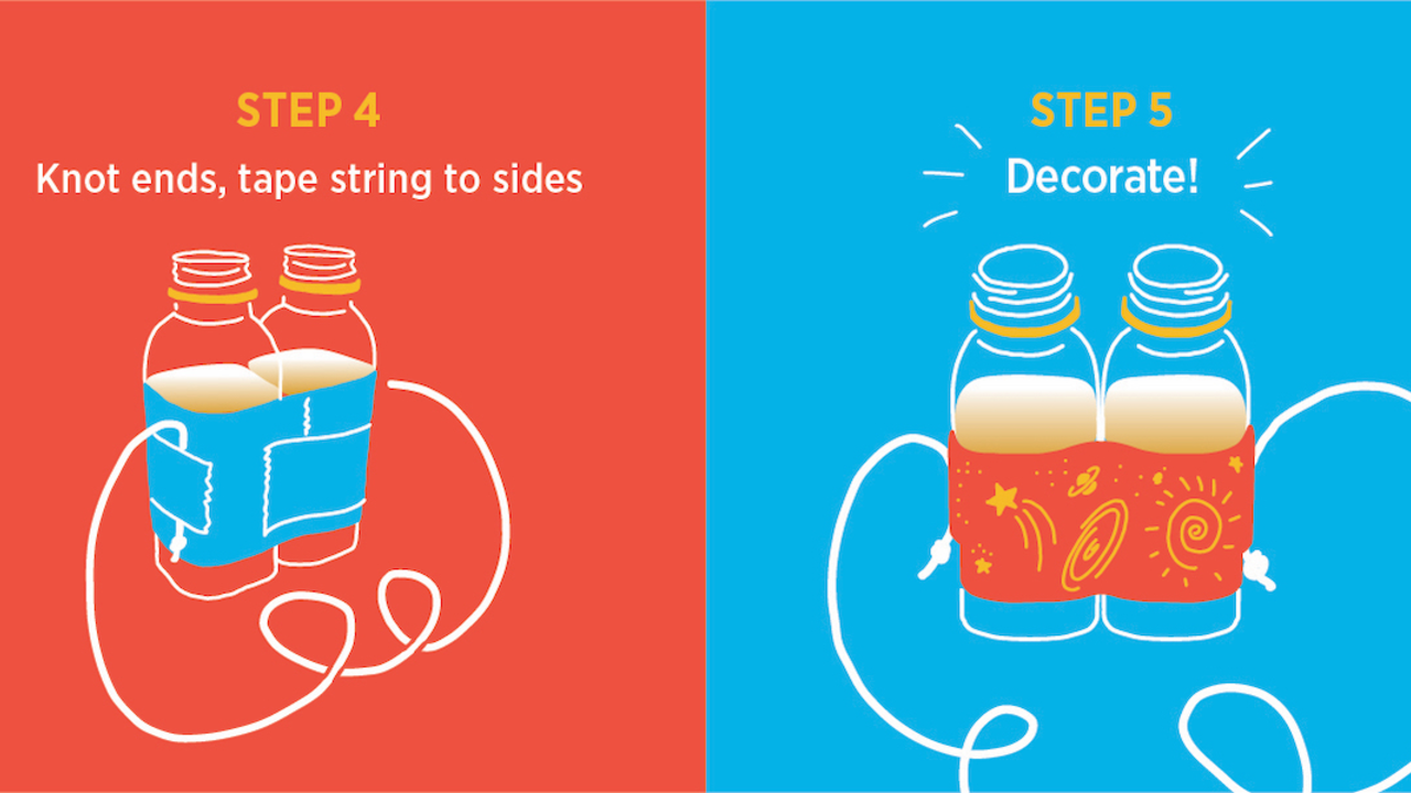 Step 4: Using another layer of duct tape, secure the string to the sides of your binoculars to form the strap. Step 5: Use stickers, pens and whatever decorations you can find to make your binoculars stand out!