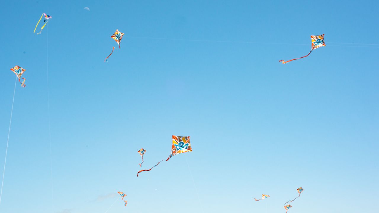 Crissy Field 20th anniversary kites fly against a backdrop of blue sky.