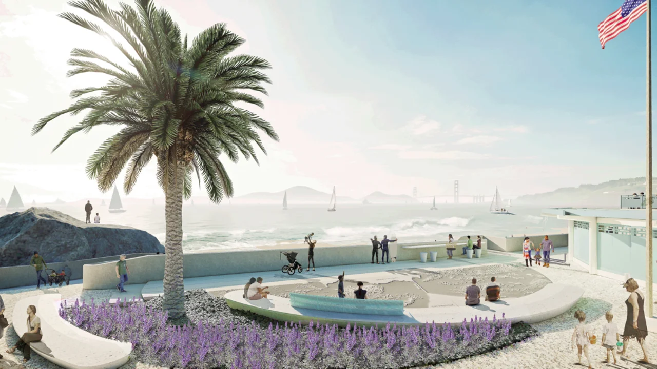 A rendering of the China Beach rehabilitation project west plaza area