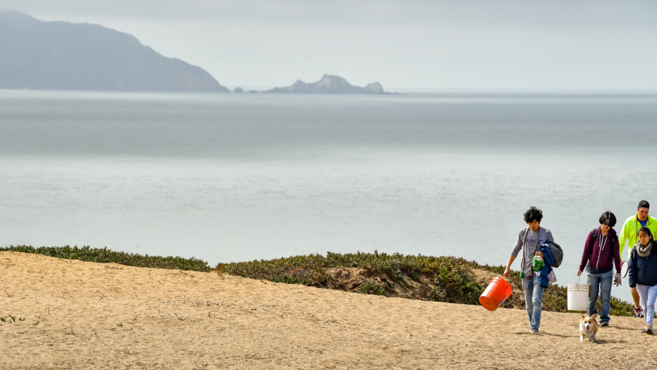 A family with their dog, walking in from the Fort Funston bluffs after volunteering for beach cleanup.